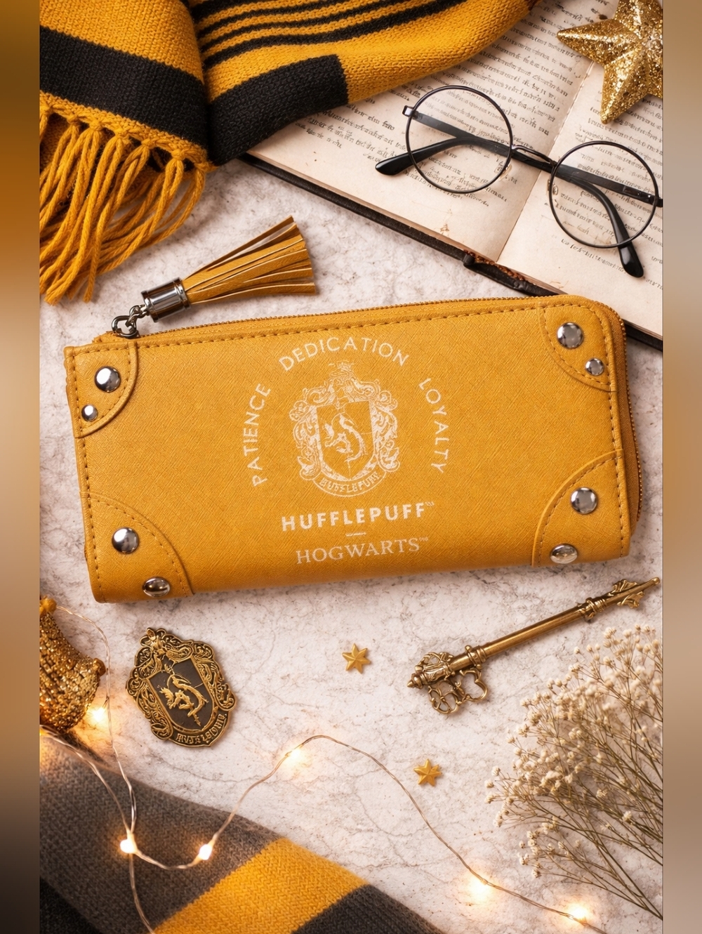 Harry Potter Hufflepuff Wallet Yellow Faux Leather Hogwarts Zip Wallet Tassel